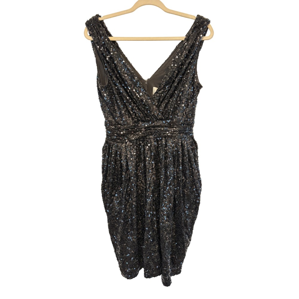 Badgley Mischka Collection Black Sequin V-Neck Cocktail Dress Size 10 Sleeveless